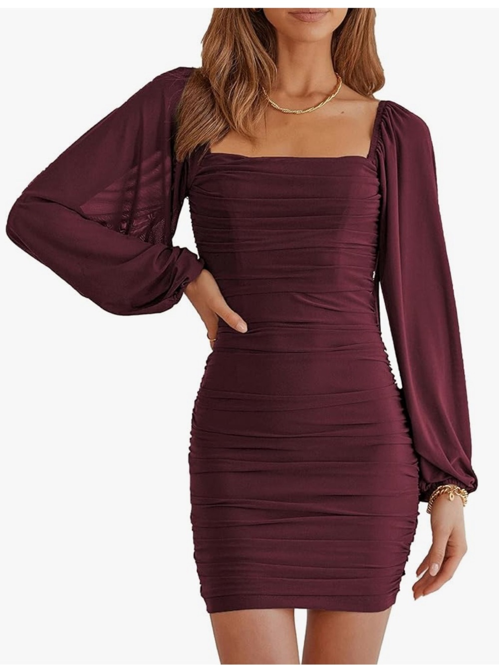 Party Cocktail Dress Square Neck Lantern Long Sleeve Mini Ruched Bodycon Dress